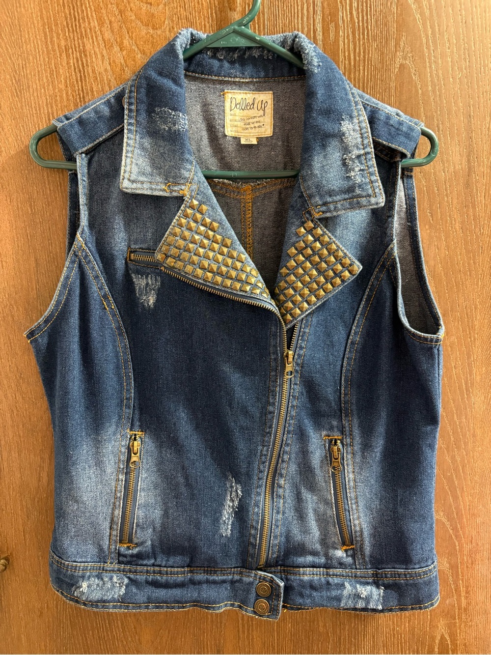 Dolled Up Distressed Denim Moto Vest with Gold Studs
